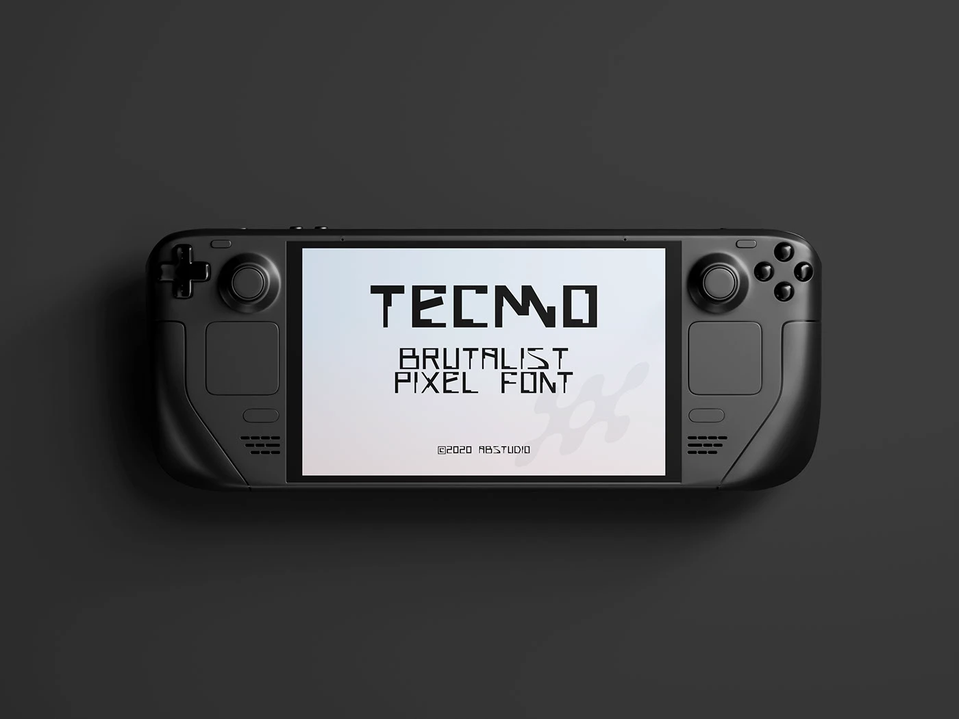 Tecmo brutalist pixel font on a handheld gaming device